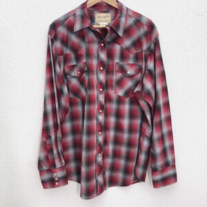 Wranglers Button up Pearl Snap Shirt Mens XL Red Plaid Lightweight Flannel